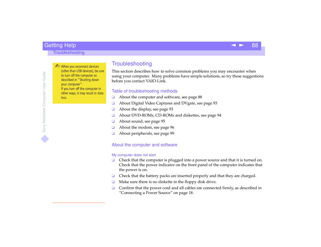 Sony PCG-8491 manual Troubleshooting, Table of troubleshooting methods, About the computer and software 