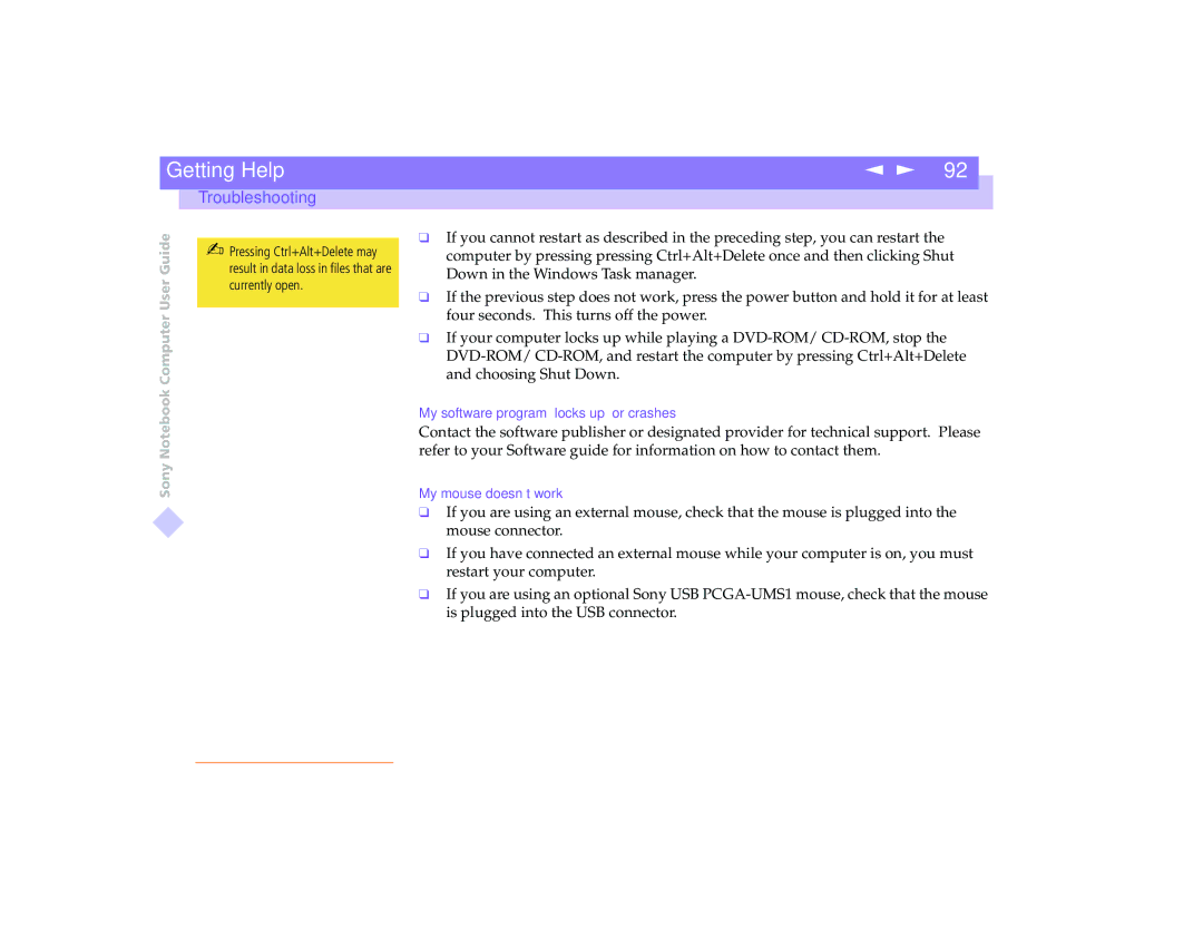 Sony PCG-8491 manual Troubleshooting 