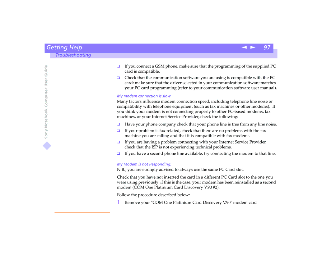Sony PCG-8491 manual My modem connection is slow 