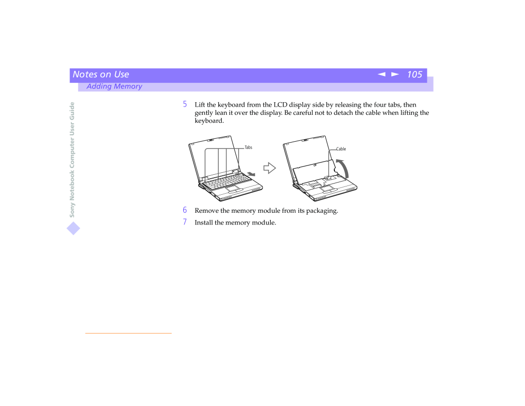 Sony PCG-8491 manual Notes on Use, Adding Memory, Sony Notebook Computer User Guide, Tabs, Cable 