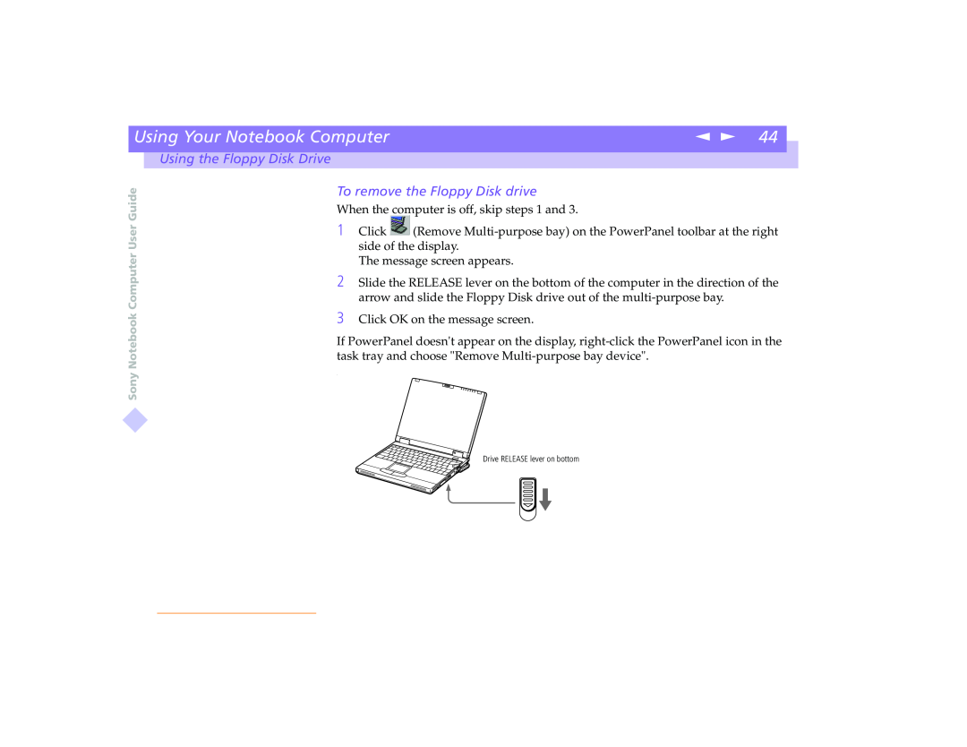 Sony PCG-8491 manual To remove the Floppy Disk drive, Using Your Notebook Computer, Using the Floppy Disk Drive 