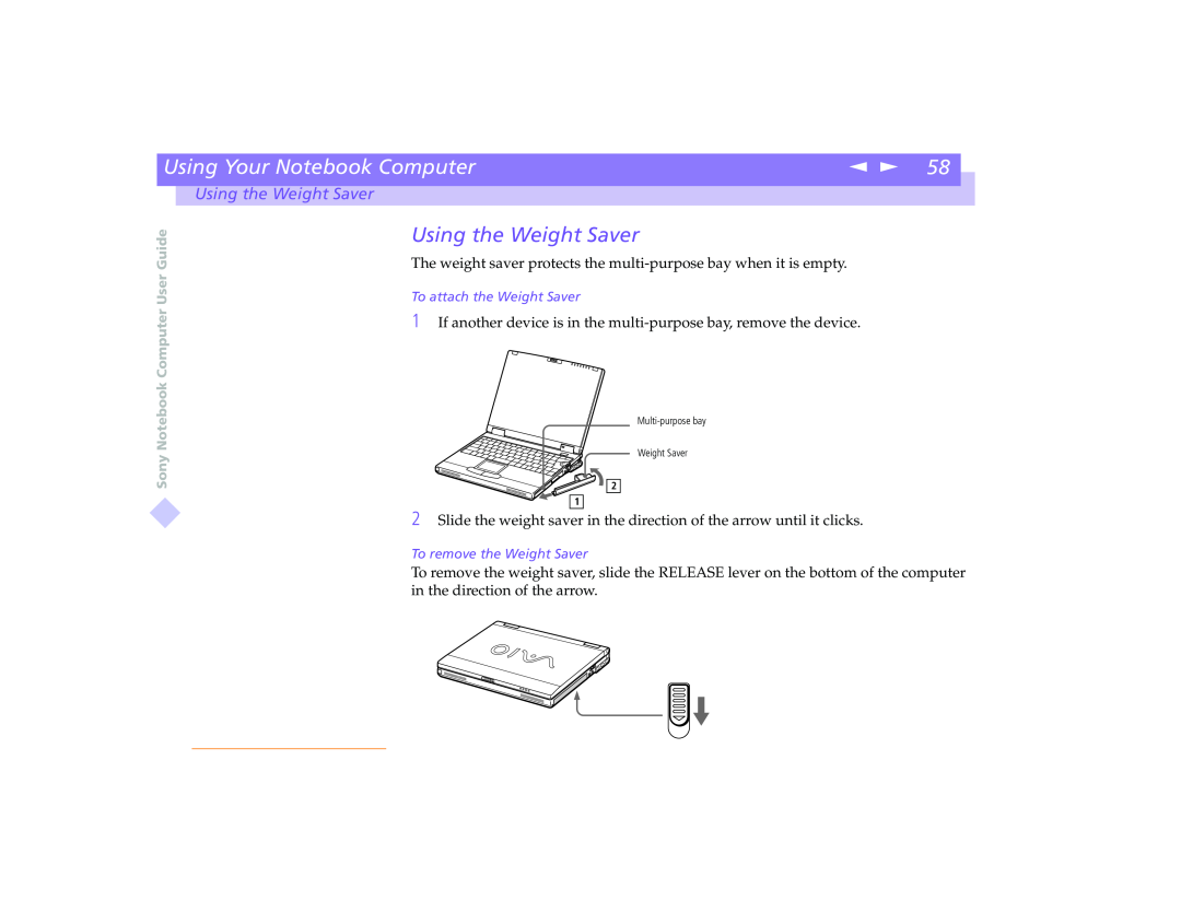 Sony PCG-8491 manual Using the Weight Saver, Using Your Notebook Computer 