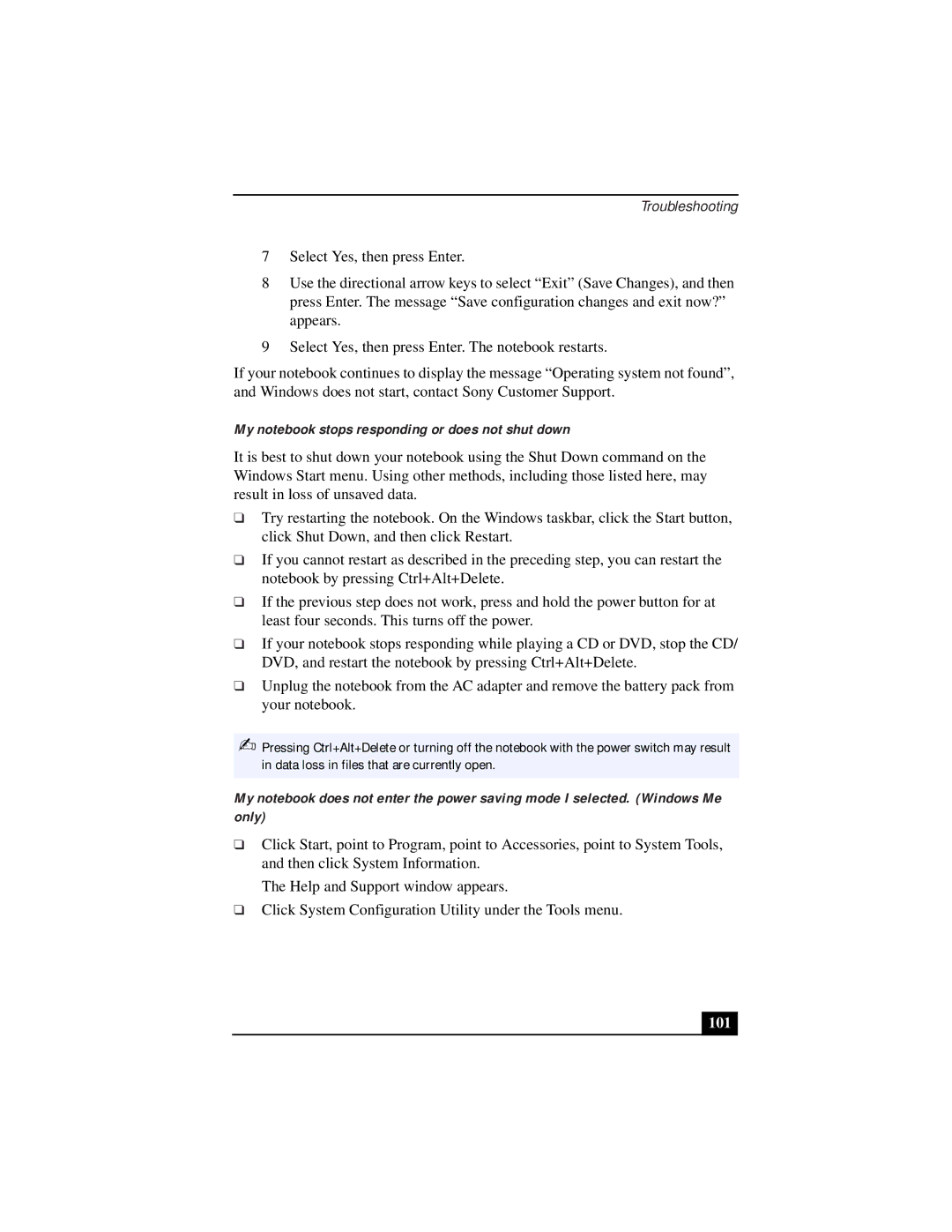 Sony PCG-931A, PCG-933A, PCG-932A, PCG-9332, PCG-9322, PCG-9312 manual My notebook stops responding or does not shut down, 101 