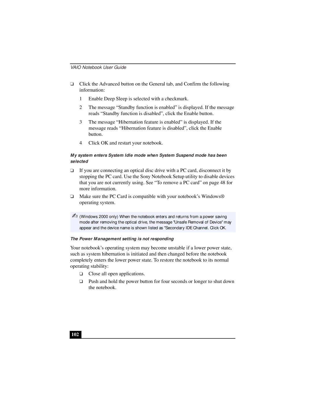 Sony PCG-933A, PCG-931A, PCG-932A, PCG-9332, PCG-9322, PCG-9312 manual Power Management setting is not responding 