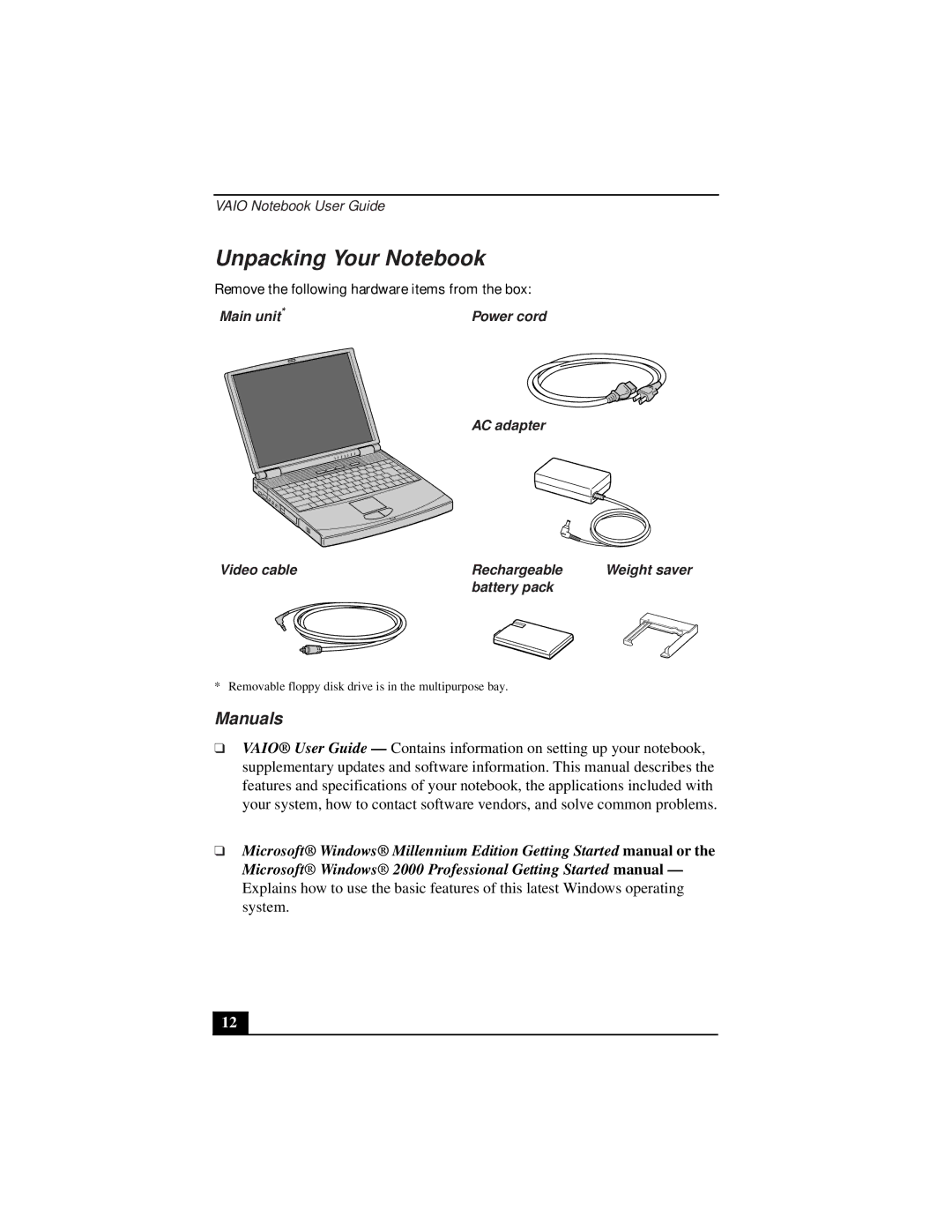 Sony PCG-933A, PCG-931A Unpacking Your Notebook, Manuals, Main unit, AC adapter Video cable Rechargeable, Battery pack 