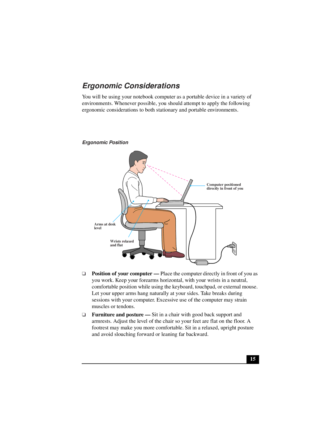 Sony PCG-9322, PCG-931A, PCG-933A, PCG-932A, PCG-9332, PCG-9312 manual Ergonomic Considerations, Ergonomic Position 