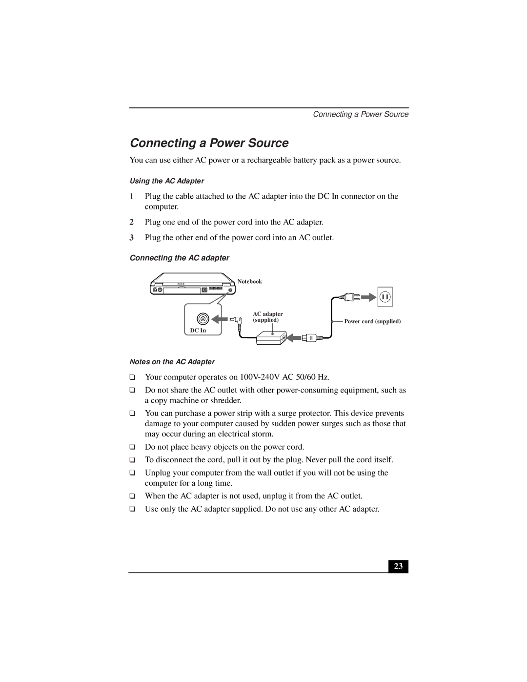 Sony PCG-931A, PCG-933A, PCG-932A, PCG-9332 manual Connecting a Power Source, Using the AC Adapter, Connecting the AC adapter 