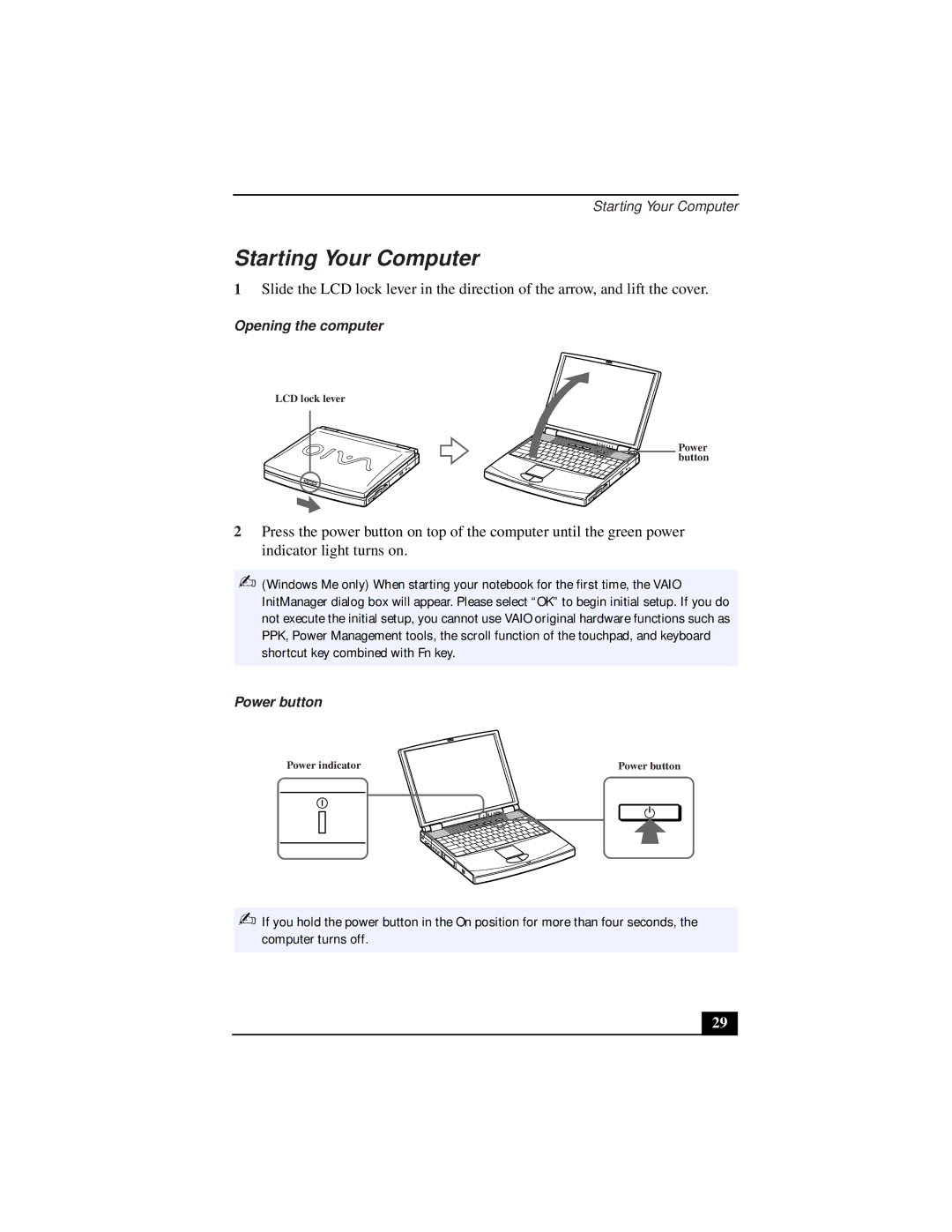 Sony PCG-931A, PCG-933A, PCG-932A, PCG-9332, PCG-9322, PCG-9312 manual Starting Your Computer, Opening the computer 