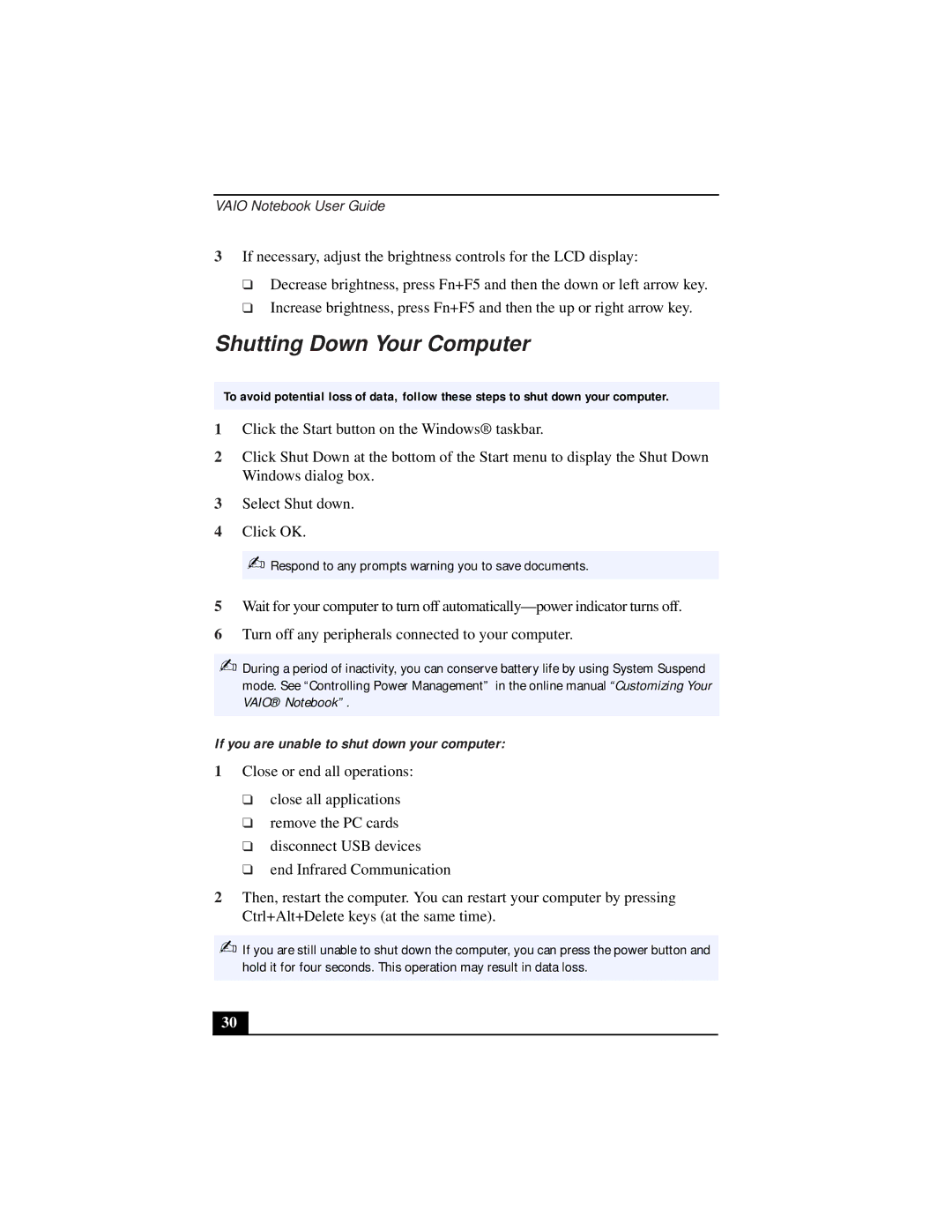 Sony PCG-933A, PCG-931A, PCG-932A, PCG-9332 manual Shutting Down Your Computer, If you are unable to shut down your computer 