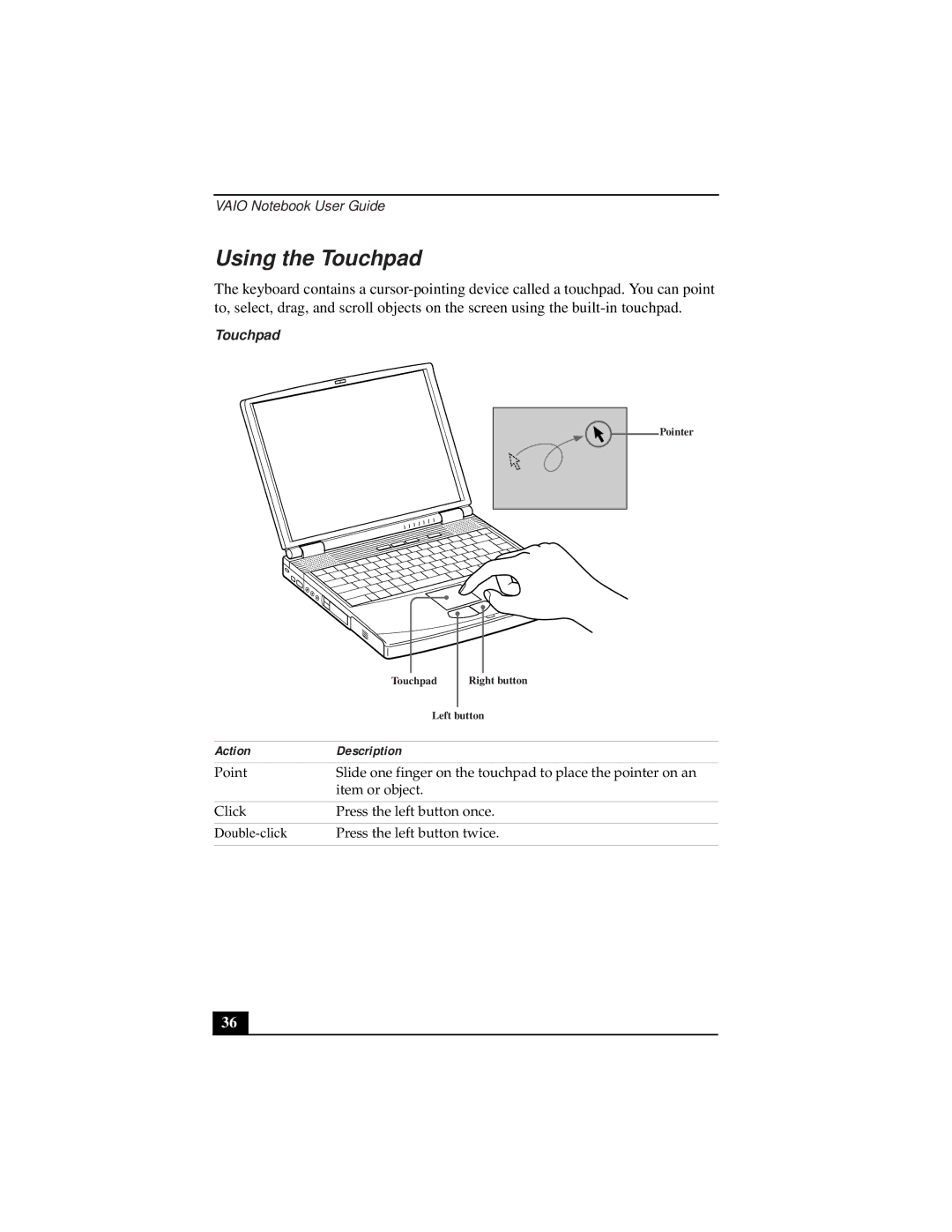 Sony PCG-933A, PCG-931A, PCG-932A, PCG-9332, PCG-9322, PCG-9312 manual Using the Touchpad, Action Description 