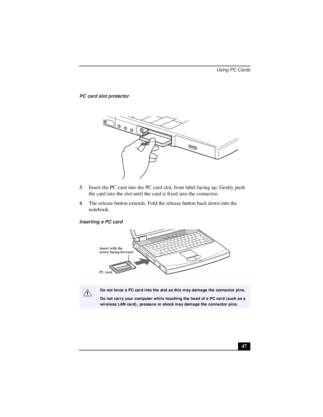 Sony PCG-931A, PCG-933A, PCG-932A, PCG-9332, PCG-9322, PCG-9312 manual PC card slot protector, Inserting a PC card 