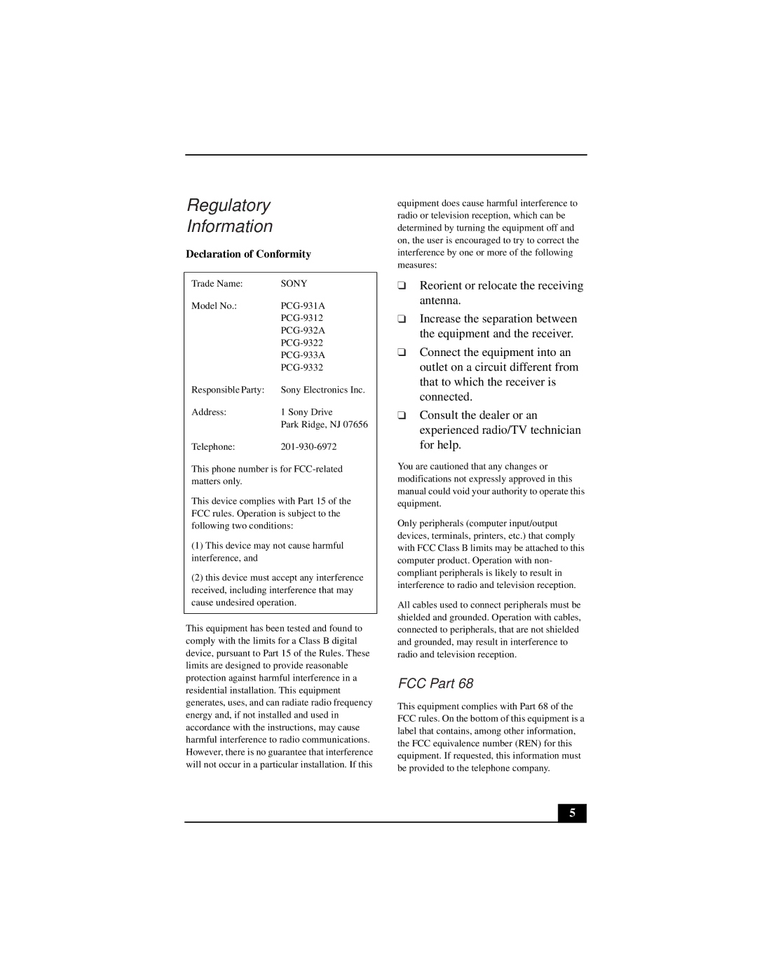 Sony PCG-931A, PCG-933A, PCG-932A, PCG-9332, PCG-9322, PCG-9312 manual Regulatory Information, FCC Part 