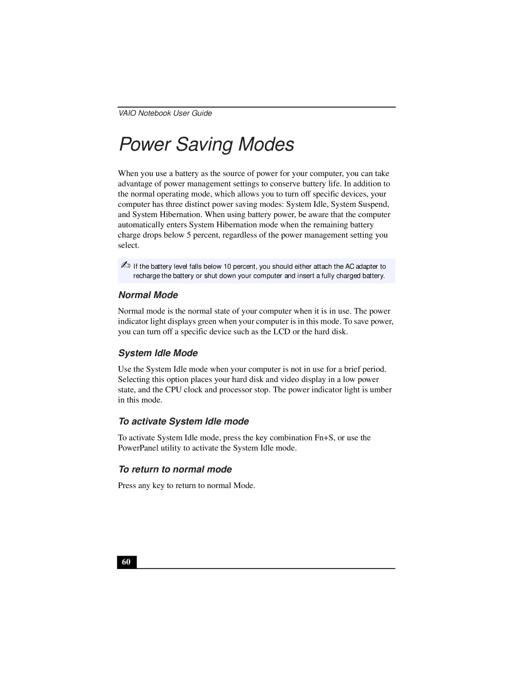 Sony PCG-933A Power Saving Modes, Normal Mode, System Idle Mode, To activate System Idle mode, To return to normal mode 