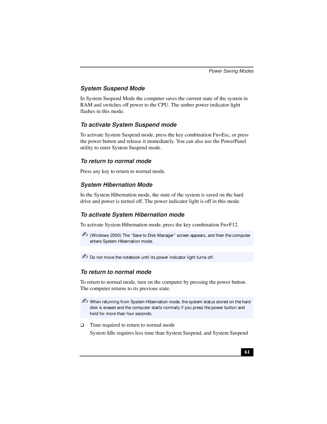 Sony PCG-932A, PCG-931A, PCG-933A, PCG-9332 System Suspend Mode, To activate System Suspend mode, System Hibernation Mode 