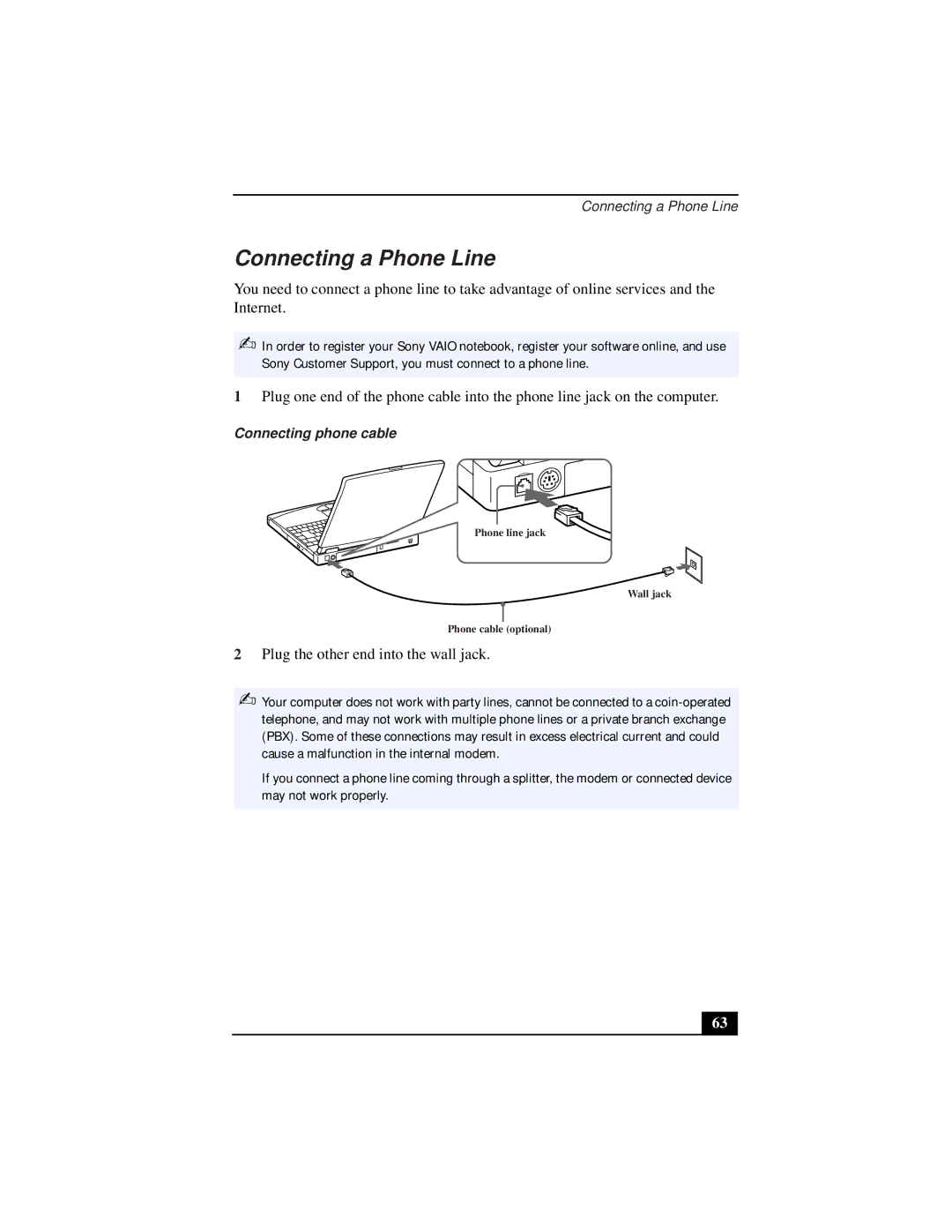 Sony PCG-9322, PCG-931A, PCG-933A, PCG-932A, PCG-9332, PCG-9312 manual Connecting a Phone Line, Connecting phone cable 