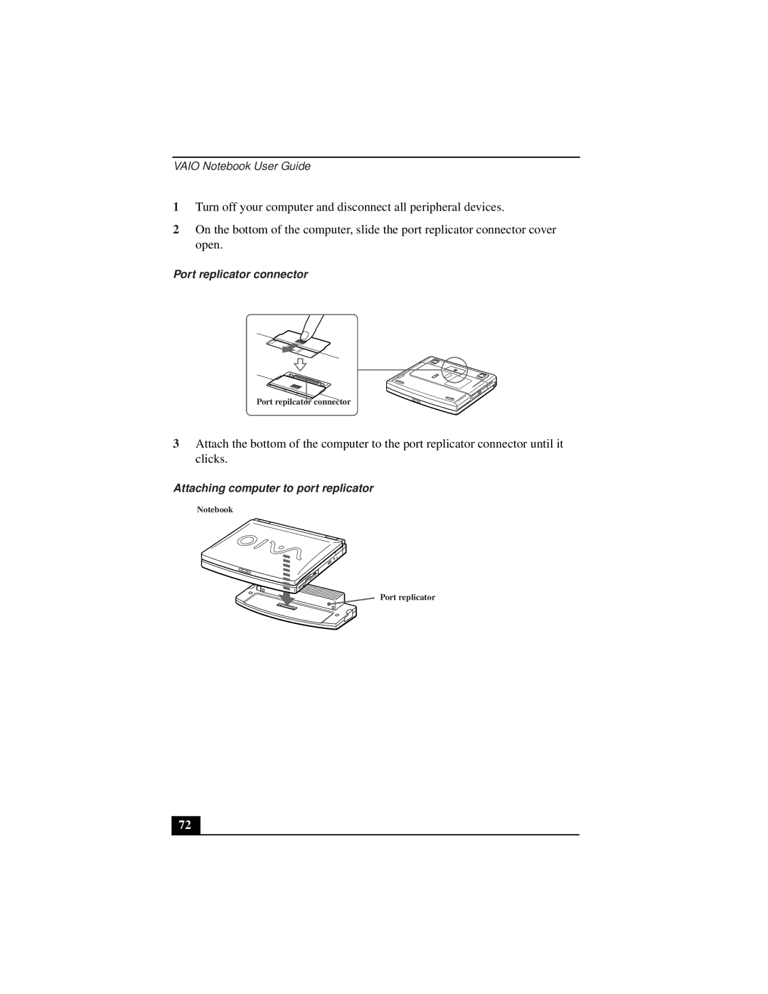 Sony PCG-933A, PCG-931A, PCG-932A, PCG-9332, PCG-9322 manual Port replicator connector, Attaching computer to port replicator 