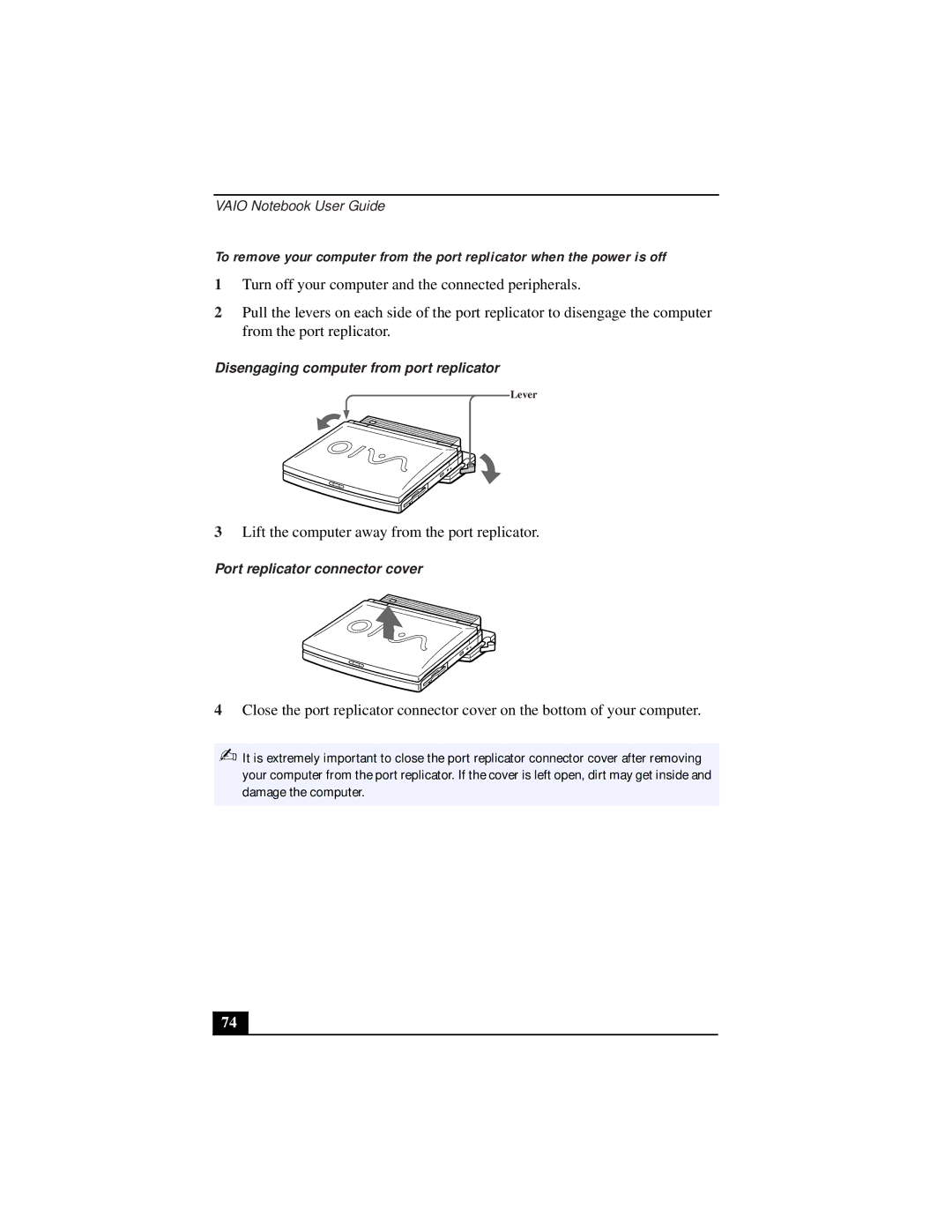 Sony PCG-9332, PCG-931A, PCG-933A, PCG-932A manual Disengaging computer from port replicator, Port replicator connector cover 