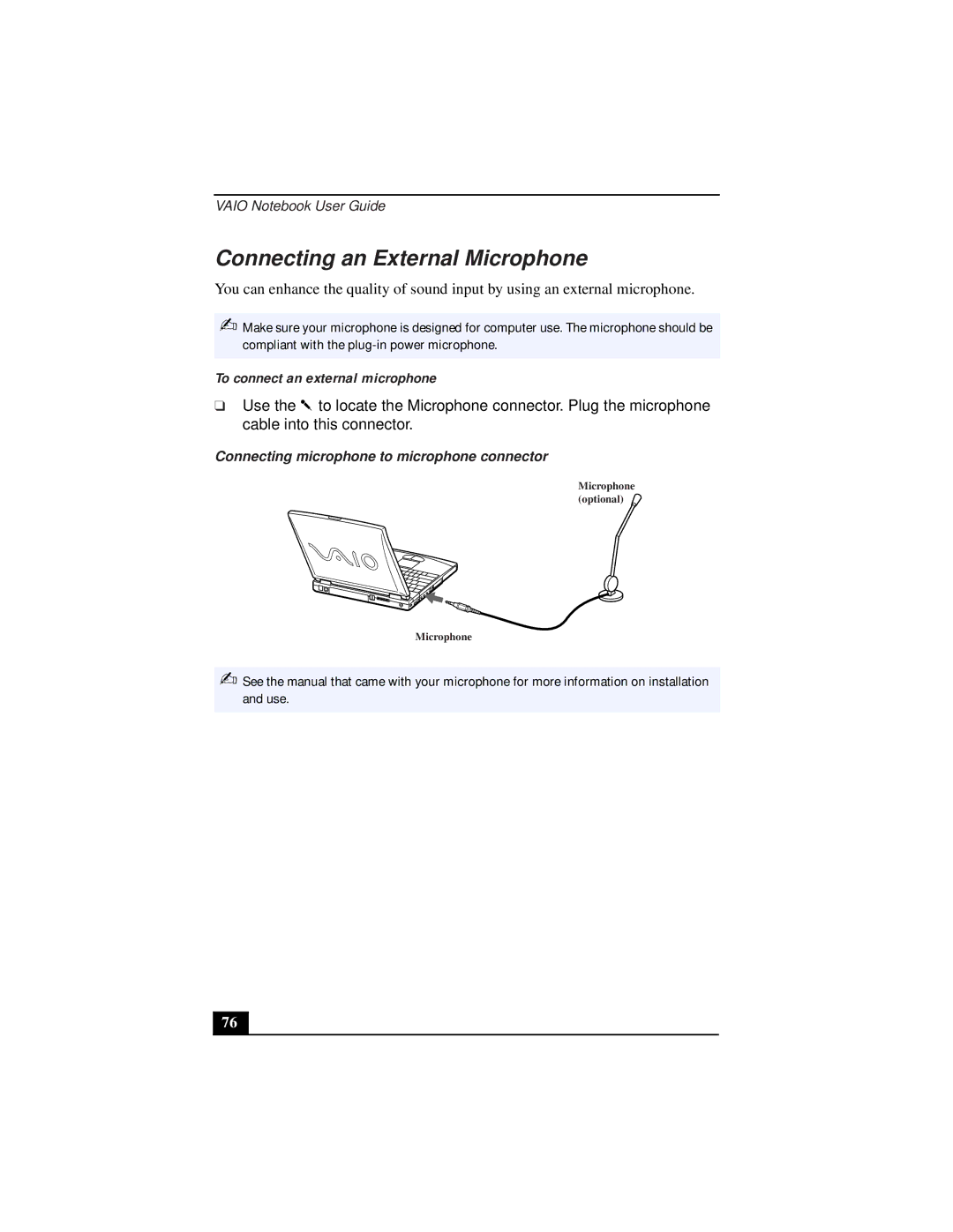 Sony PCG-9312, PCG-931A, PCG-933A, PCG-932A, PCG-9332 Connecting an External Microphone, To connect an external microphone 