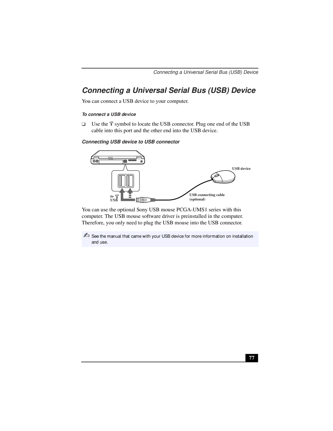 Sony PCG-931A, PCG-933A, PCG-932A, PCG-9332, PCG-9322 Connecting a Universal Serial Bus USB Device, To connect a USB device 