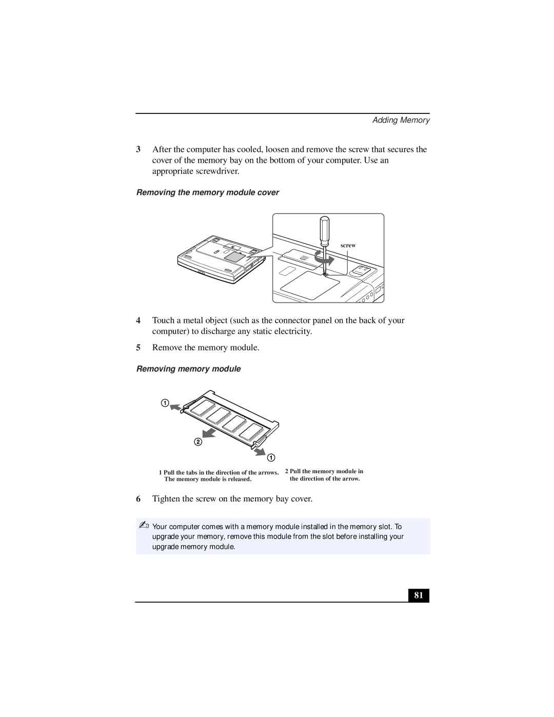 Sony PCG-9322, PCG-931A, PCG-933A, PCG-932A, PCG-9332, PCG-9312 manual Removing the memory module cover, Removing memory module 