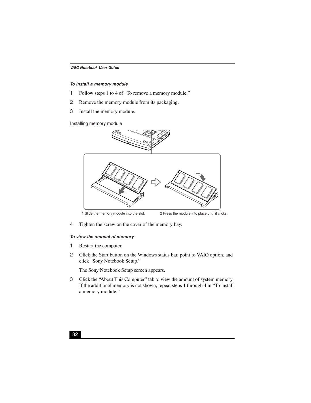 Sony PCG-9312, PCG-931A, PCG-933A manual To install a memory module, To view the amount of memory, Installing memory module 