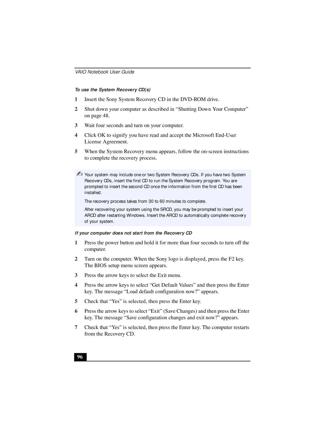 Sony PCG-933A, PCG-931A, PCG-932A manual To use the System Recovery CDs, If your computer does not start from the Recovery CD 