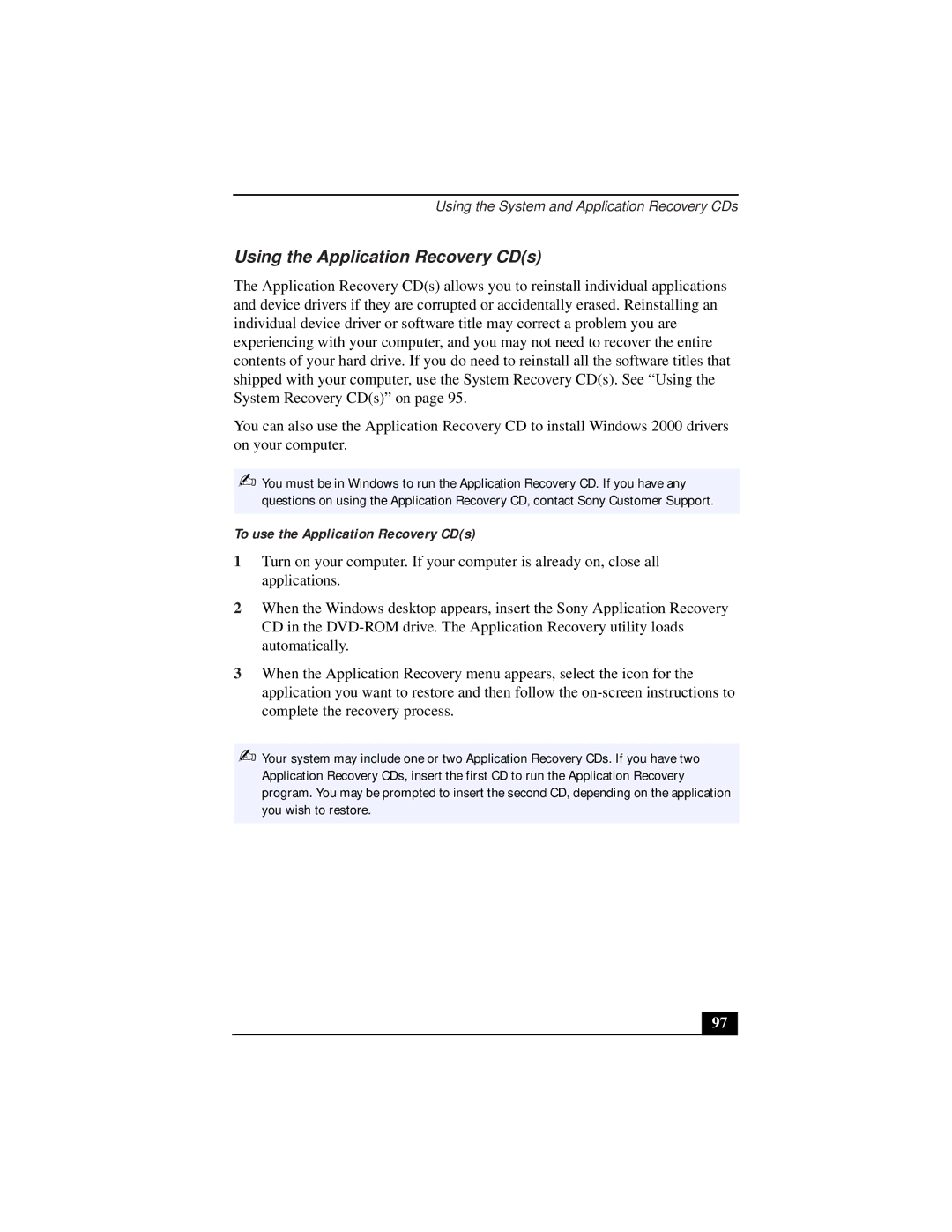 Sony PCG-932A, PCG-931A, PCG-933A, PCG-9332, PCG-9322 Using the Application Recovery CDs, To use the Application Recovery CDs 