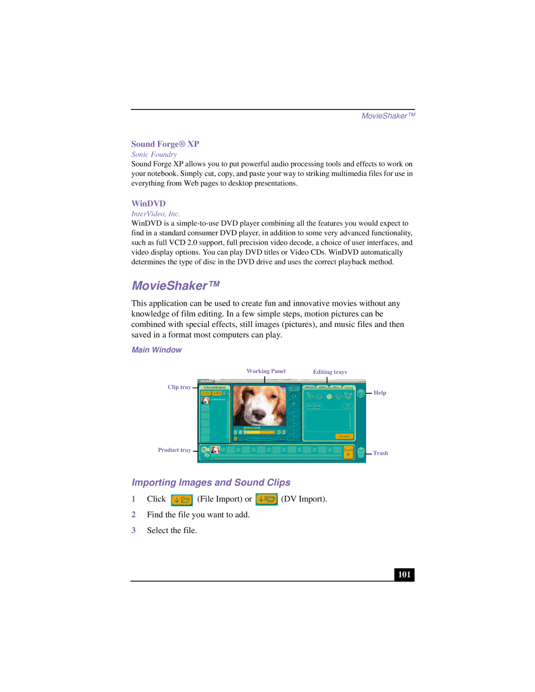 Sony PCG-9552, PCG 9542, PCG-955A, PCG-954A, PCG-951A manual MovieShaker, Importing Images and Sound Clips, 101, Main Window 