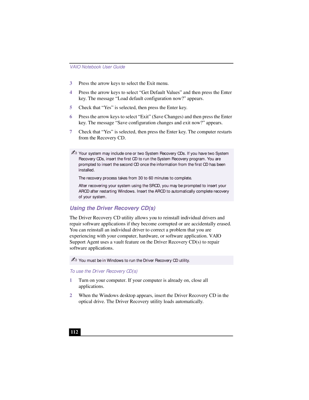 Sony PCG-955A, PCG 9542, PCG-9552, PCG-954A, PCG-951A manual Using the Driver Recovery CDs, To use the Driver Recovery CDs, 112 