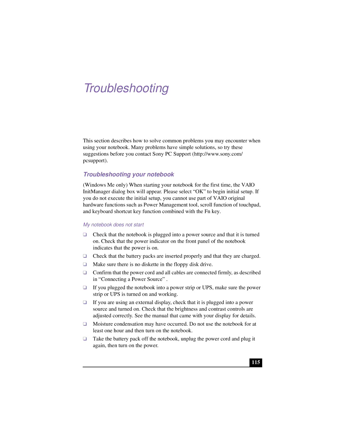 Sony PCG-953A, PCG 9542, PCG-9552, PCG-955A, PCG-954A manual Troubleshooting your notebook, My notebook does not start, 115 