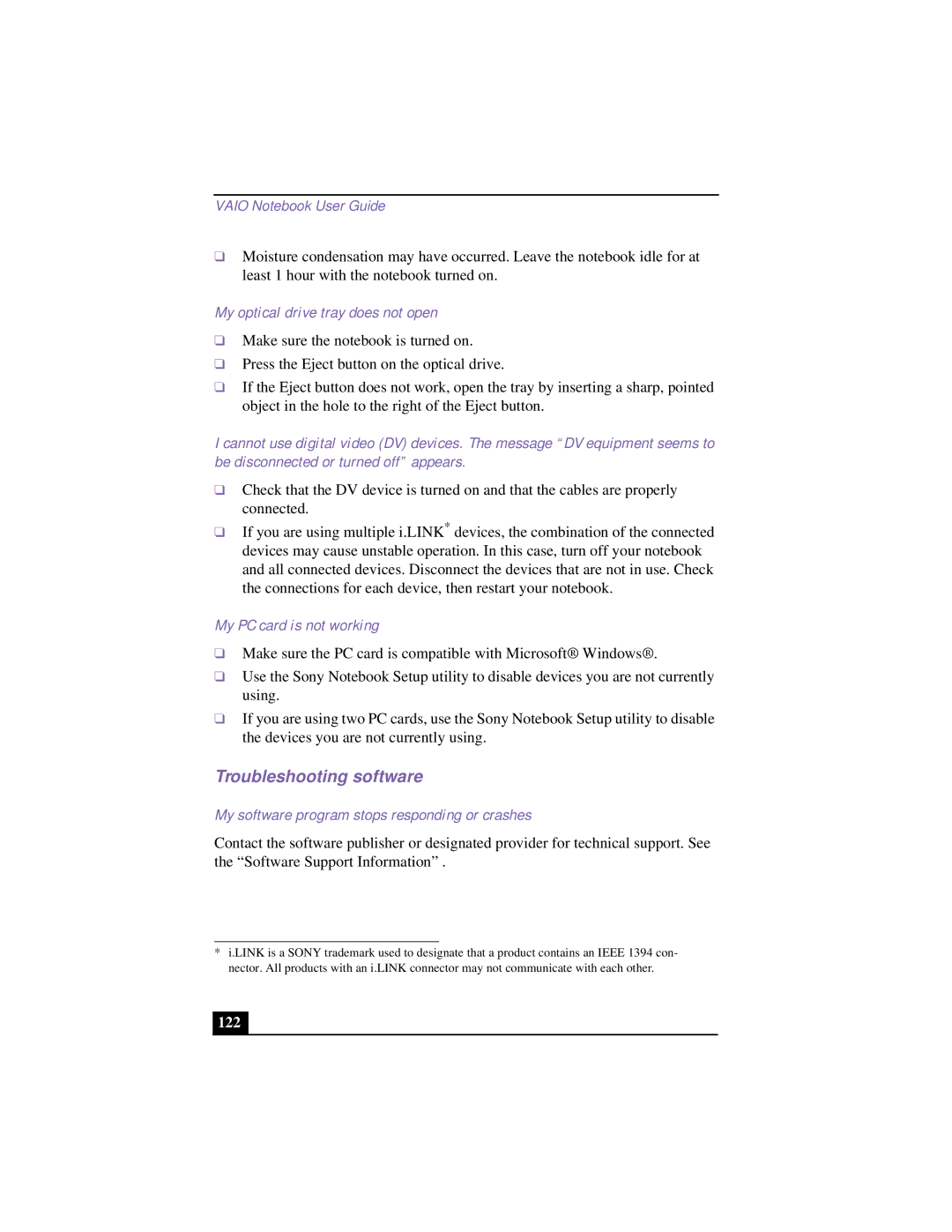 Sony PCG-955A, PCG 9542 manual Troubleshooting software, My optical drive tray does not open, My PC card is not working, 122 