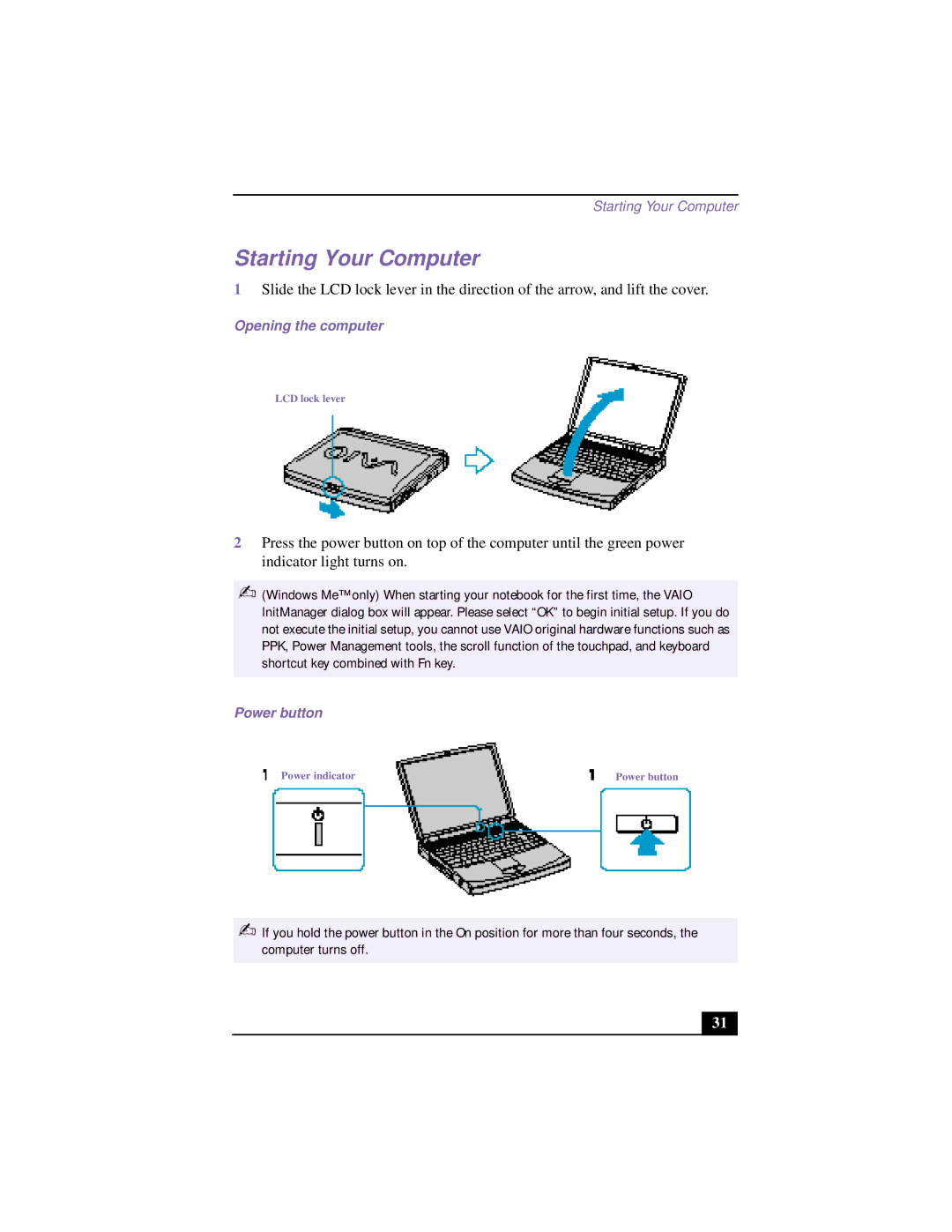 Sony PCG-9552, PCG 9542, PCG-955A, PCG-954A, PCG-951A, PCG-953A, PCG-9522, PCG-9532 Starting Your Computer, Opening the computer 