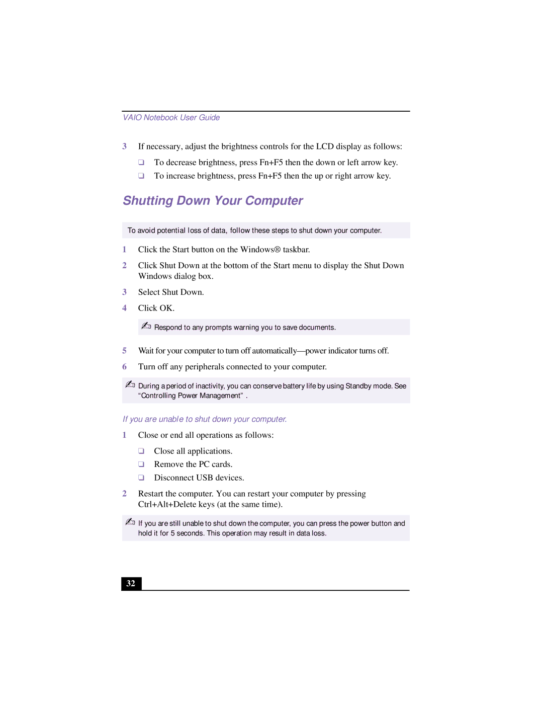 Sony PCG-955A, PCG 9542, PCG-9552, PCG-954A manual Shutting Down Your Computer, If you are unable to shut down your computer 