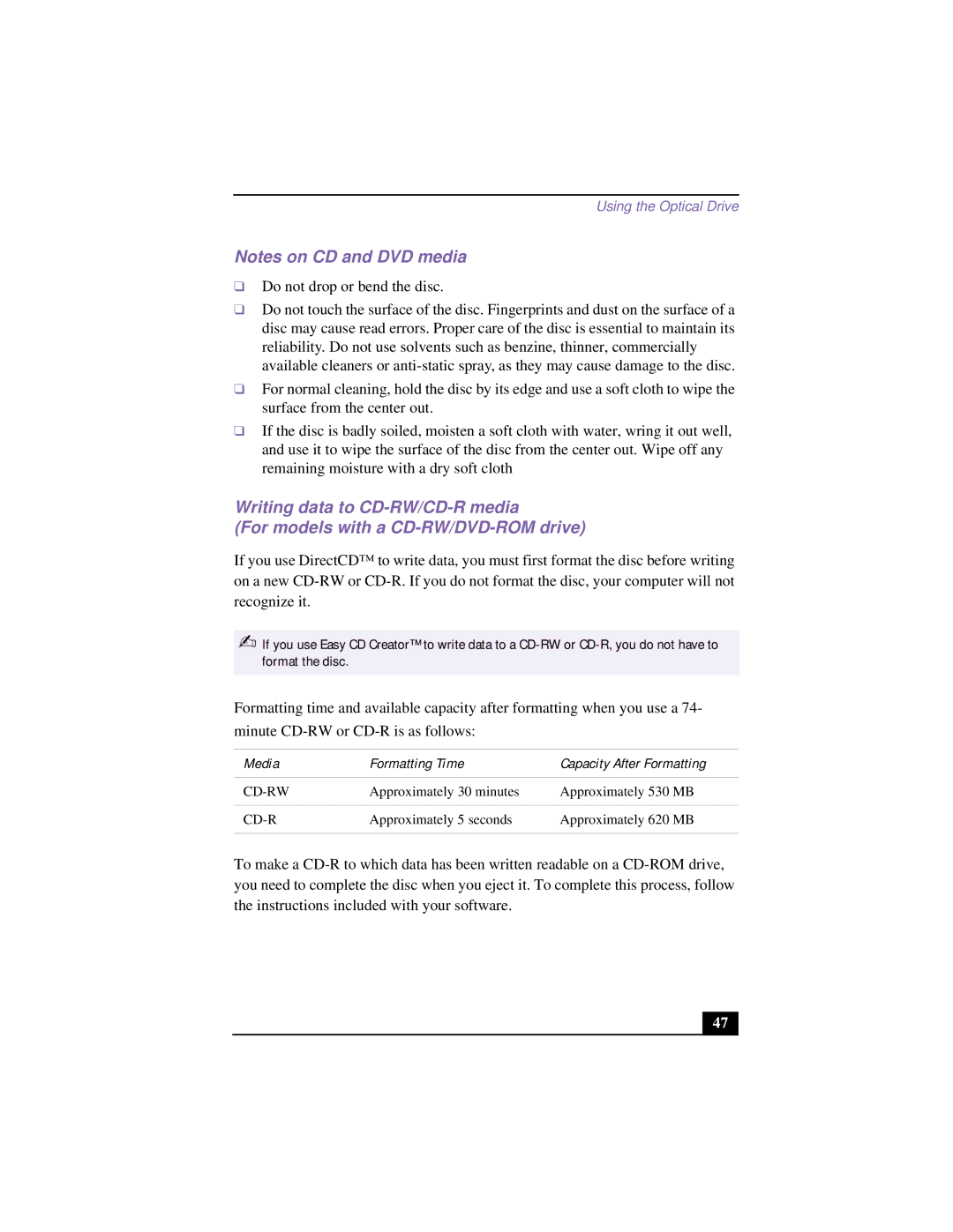 Sony PCG-9532, PCG 9542, PCG-9552, PCG-955A, PCG-954A, PCG-951A, PCG-953A manual Media Formatting Time Capacity After Formatting 