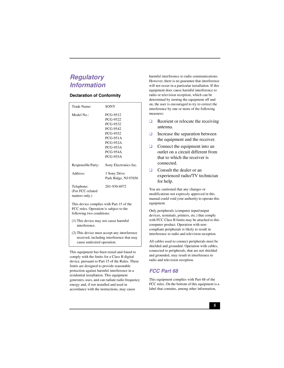 Sony PCG-953A, PCG 9542, PCG-9552, PCG-955A, PCG-954A, PCG-951A, PCG-9522, PCG-9532, PCG-952A Regulatory Information, FCC Part 