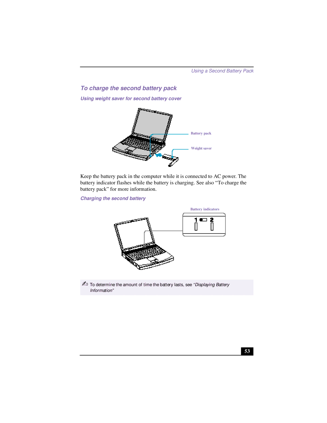 Sony PCG-954A To charge the second battery pack, Using weight saver for second battery cover, Charging the second battery 