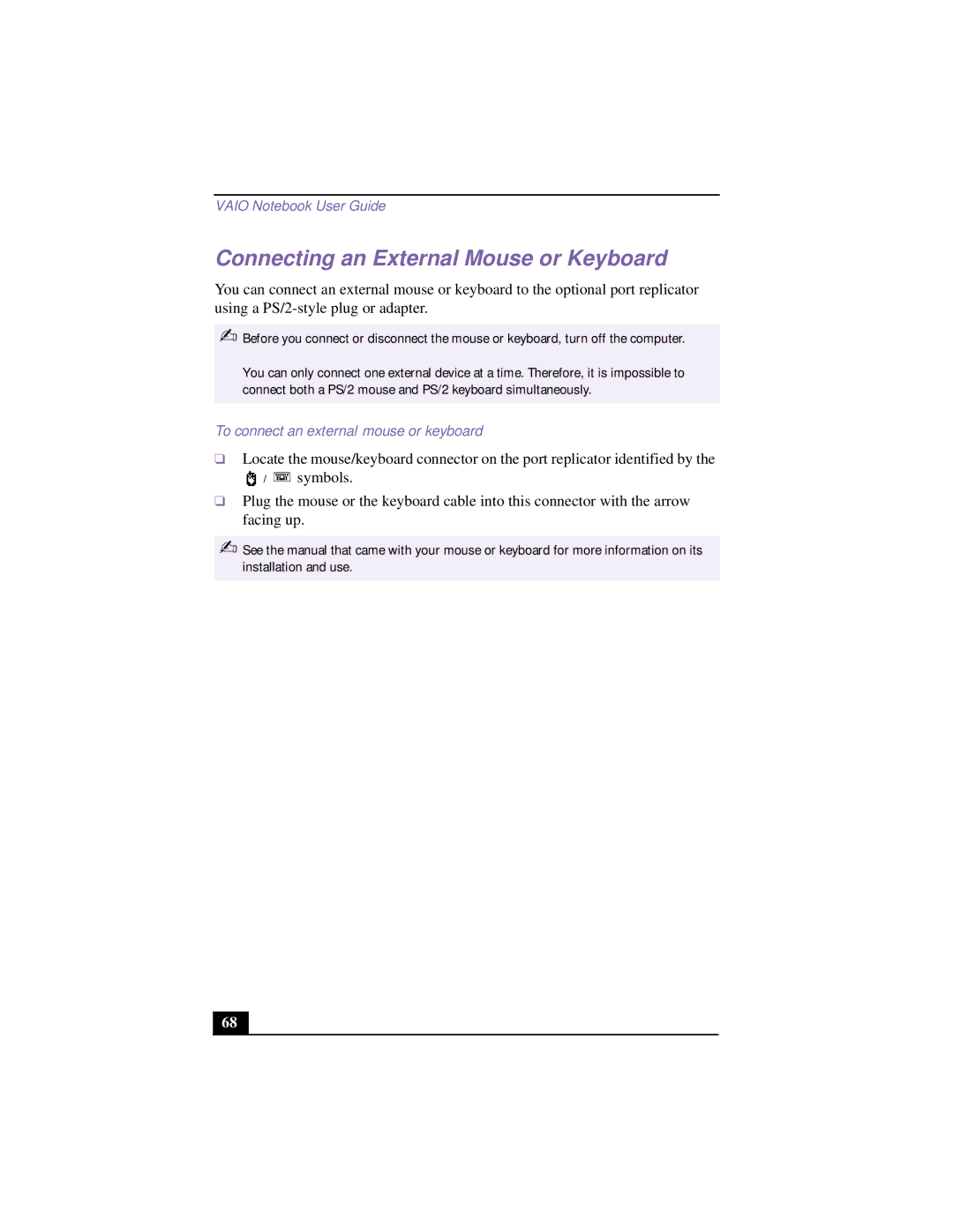 Sony PCG-952A, PCG 9542, PCG-9552 manual Connecting an External Mouse or Keyboard, To connect an external mouse or keyboard 