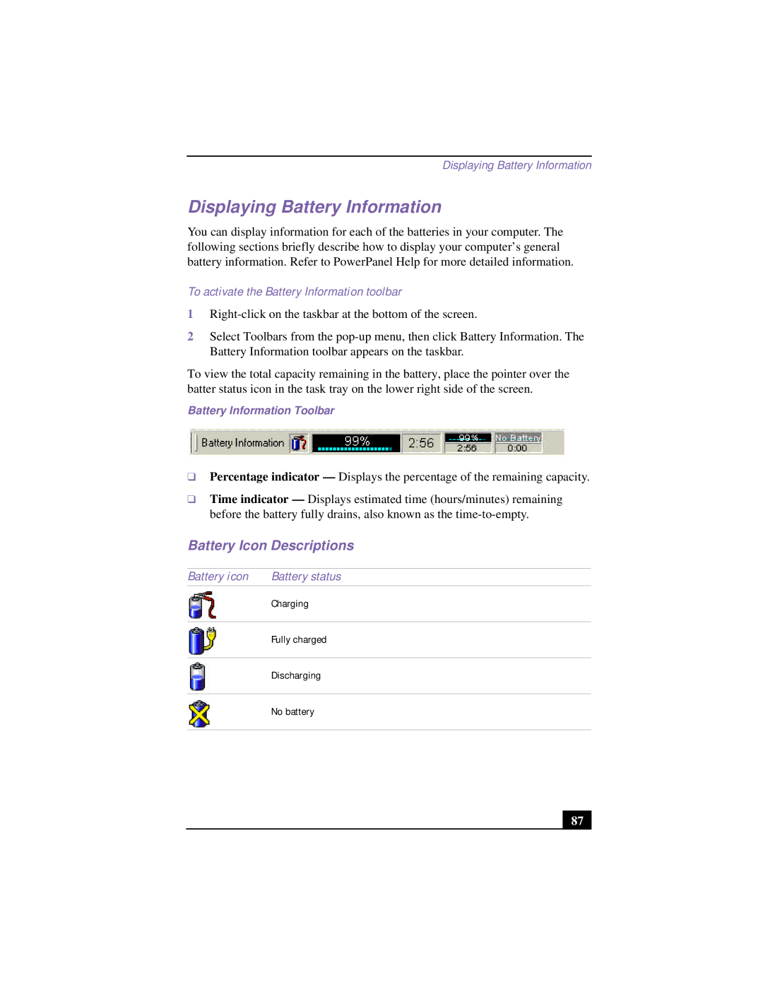 Sony PCG-9532 manual Displaying Battery Information, Battery Icon Descriptions, To activate the Battery Information toolbar 