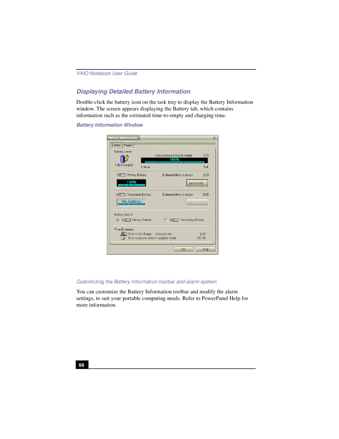 Sony PCG-952A, PCG 9542, PCG-9552, PCG-955A, PCG-954A Displaying Detailed Battery Information, Battery Information Window 