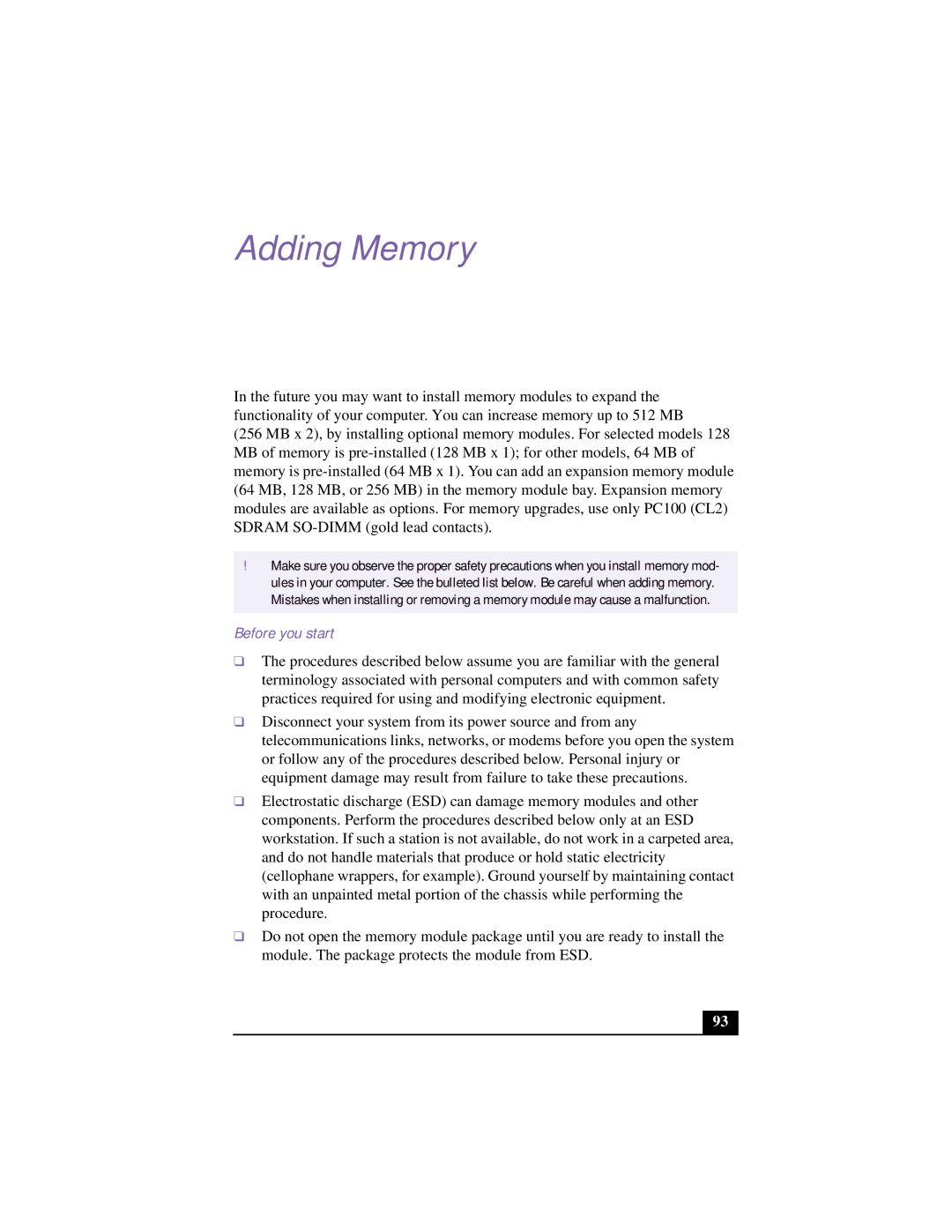 Sony PCG-954A, PCG 9542, PCG-9552, PCG-955A, PCG-951A, PCG-953A, PCG-9522, PCG-9532, PCG-952A Adding Memory, Before you start 