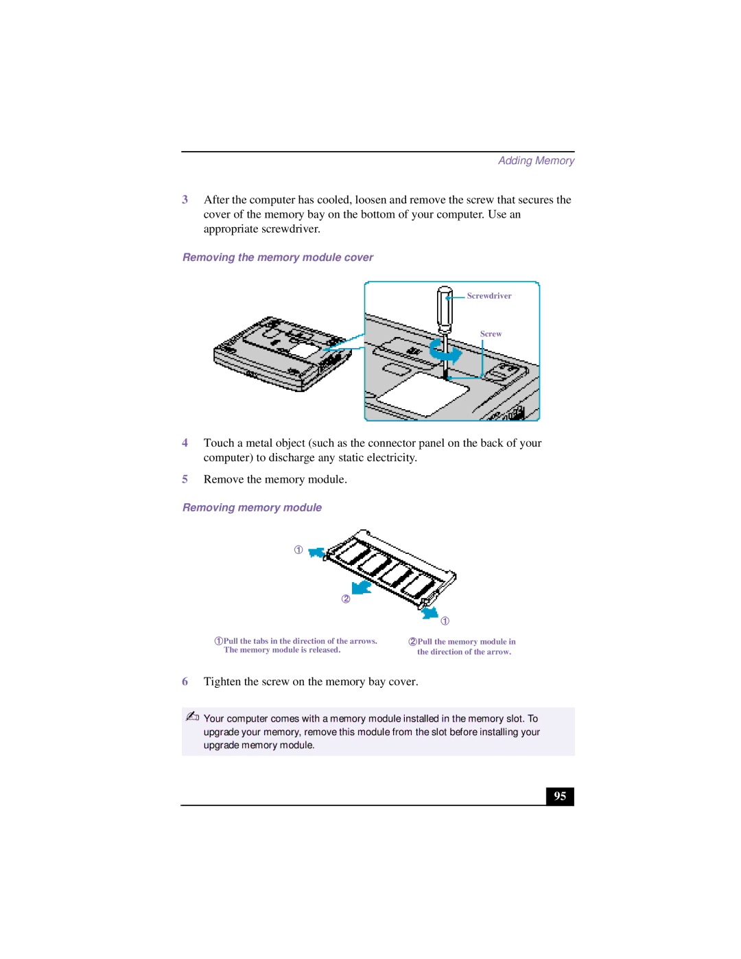 Sony PCG-953A, PCG 9542, PCG-9552, PCG-955A, PCG-954A, PCG-951A manual Removing the memory module cover, Removing memory module 