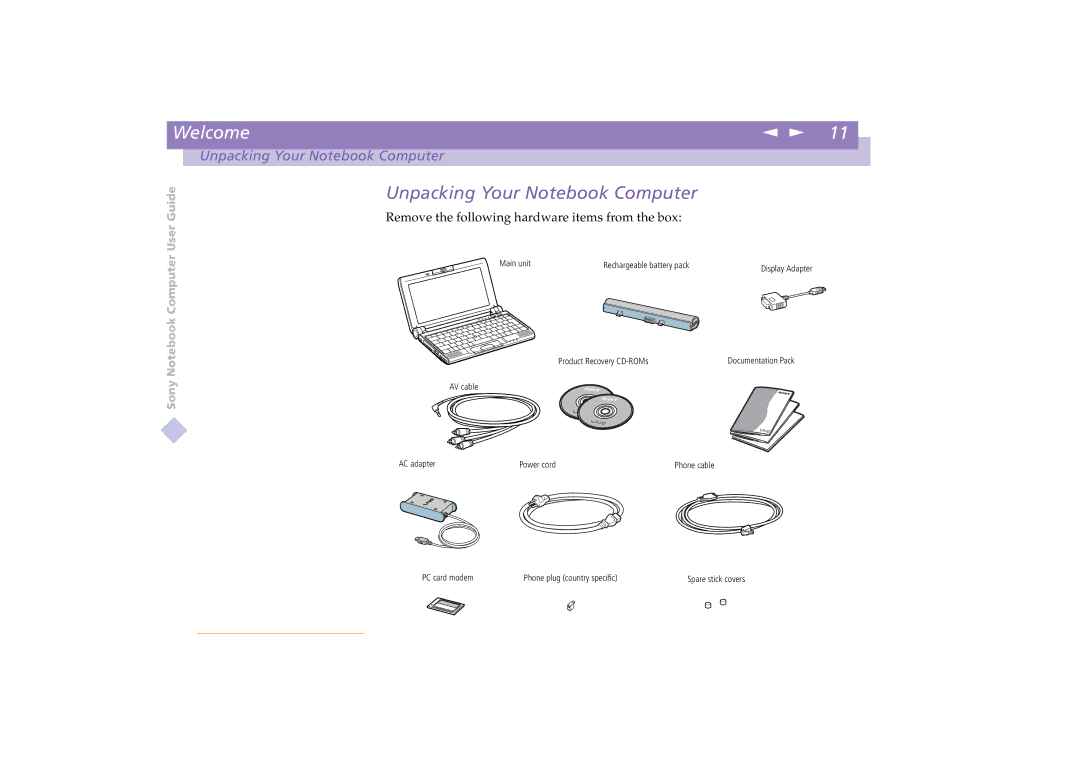 Sony PCG-C1VE manual Unpacking Your Notebook Computer 