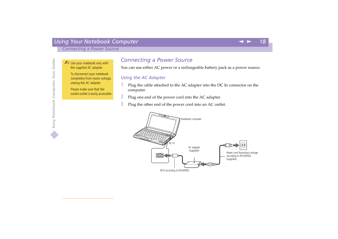 Sony PCG-C1VE manual Connecting a Power Source, Using the AC Adapter 