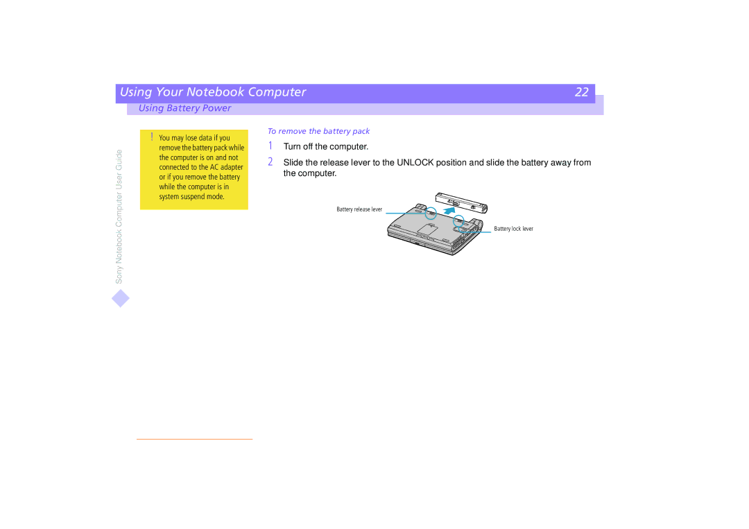 Sony PCG-C1VE manual To remove the battery pack 