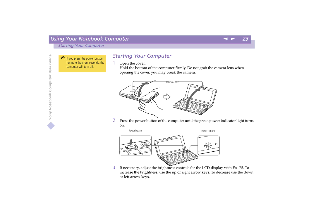 Sony PCG-C1VE manual Starting Your Computer 