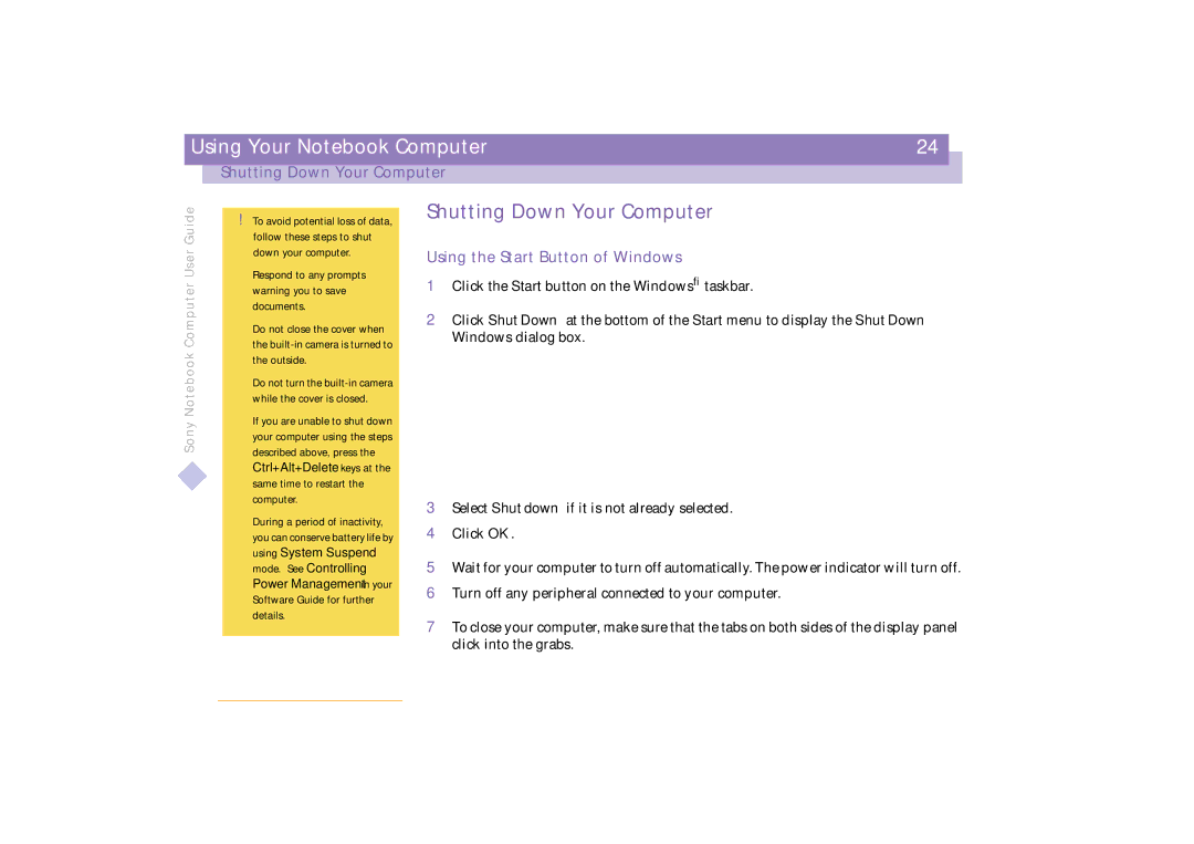 Sony PCG-C1VE manual Shutting Down Your Computer, Using the Start Button of Windows 