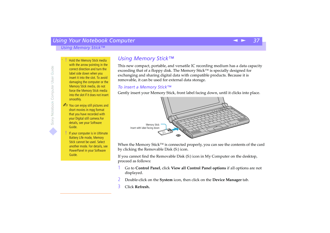 Sony PCG-C1VE manual Using Memory Stick, To insert a Memory Stick 