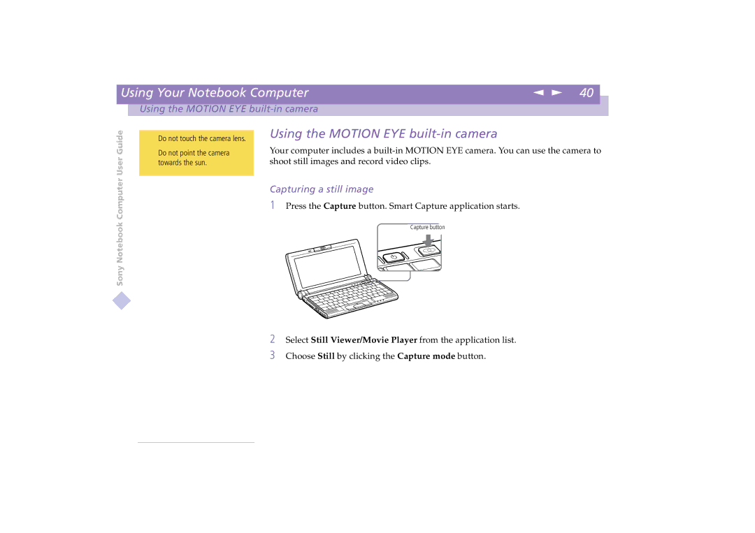 Sony PCG-C1VE manual Using the Motion EYE built-in camera, Capturing a still image 