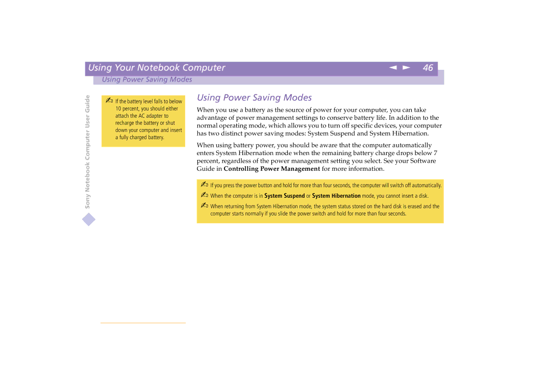 Sony PCG-C1VE manual Using Power Saving Modes 