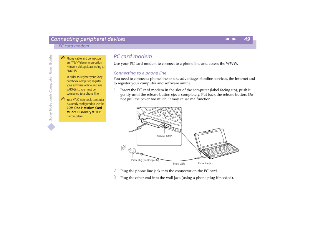 Sony PCG-C1VE manual PC card modem, Connecting to a phone line 